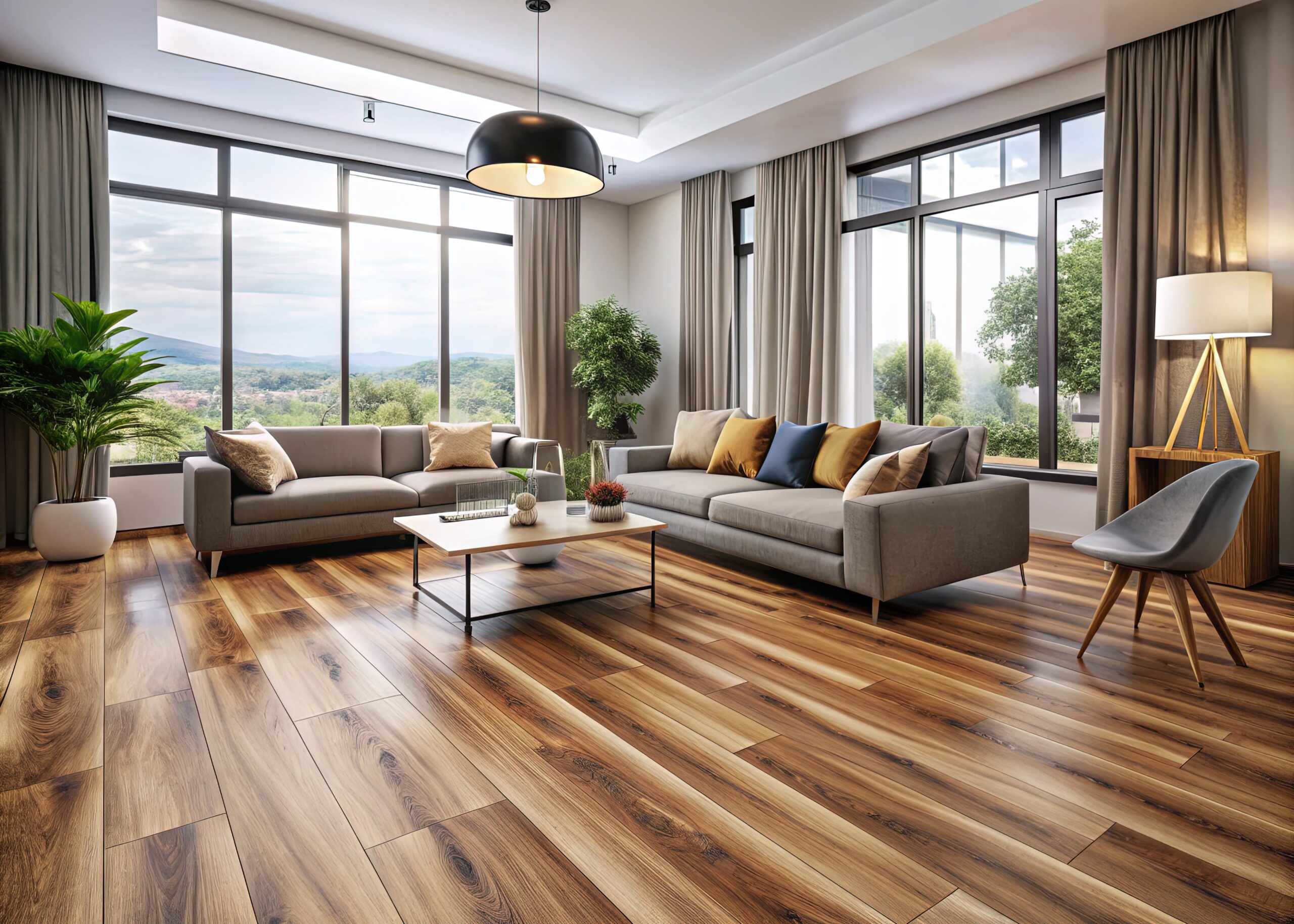 Stylish eco friendly vinyl flooring living room with large windows, abundant natural light, and wooden flooring that gives the space a warm and inviting ambiance. If you'd like, I can help analyze or describe specific aspects of the room or the flooring further.